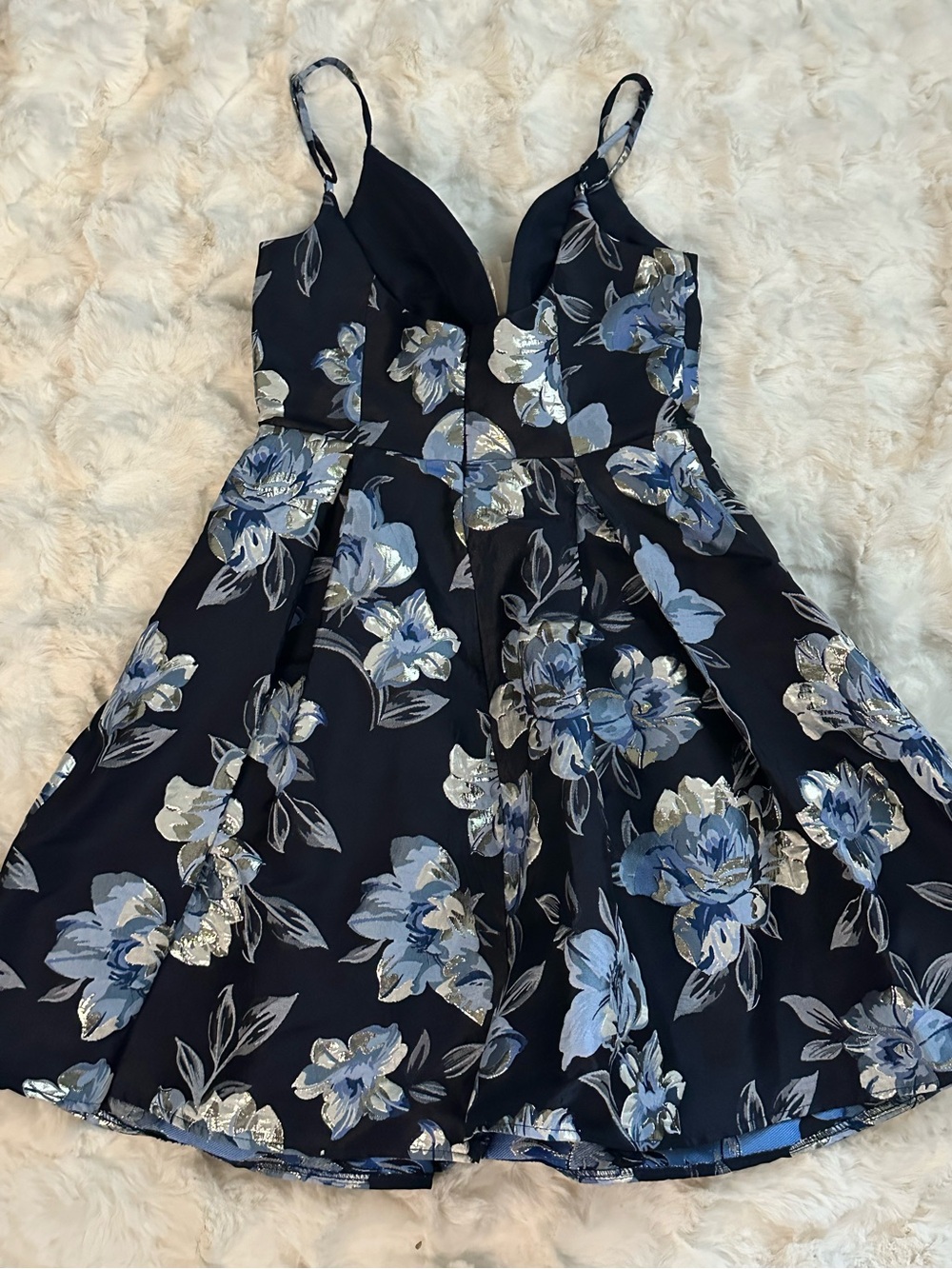 Midnight Blue Floral Fit-and-Flare Spaghetti Strap Dress in Black and Blue- NWOT - Picture 4 of 6